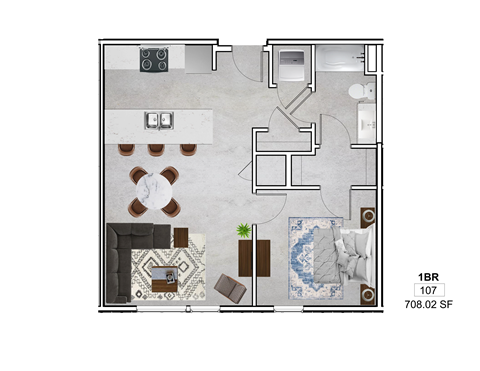Floor plan for 1 bed, 1 bath, 775 sqft